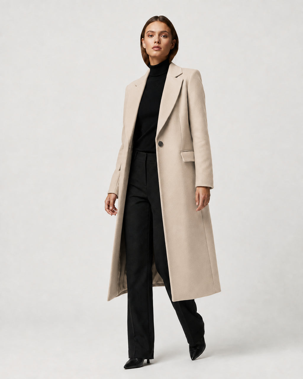 Women's Long Winter Coat – Notched Lapel Overcoat
