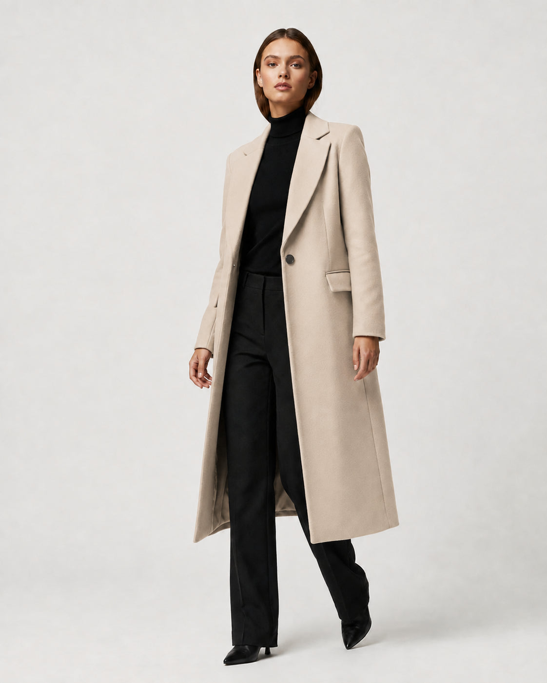 Women's Long Winter Coat – Notched Lapel Overcoat