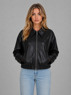 Women's Leather Look Jacket – Cropped Zip Front Style