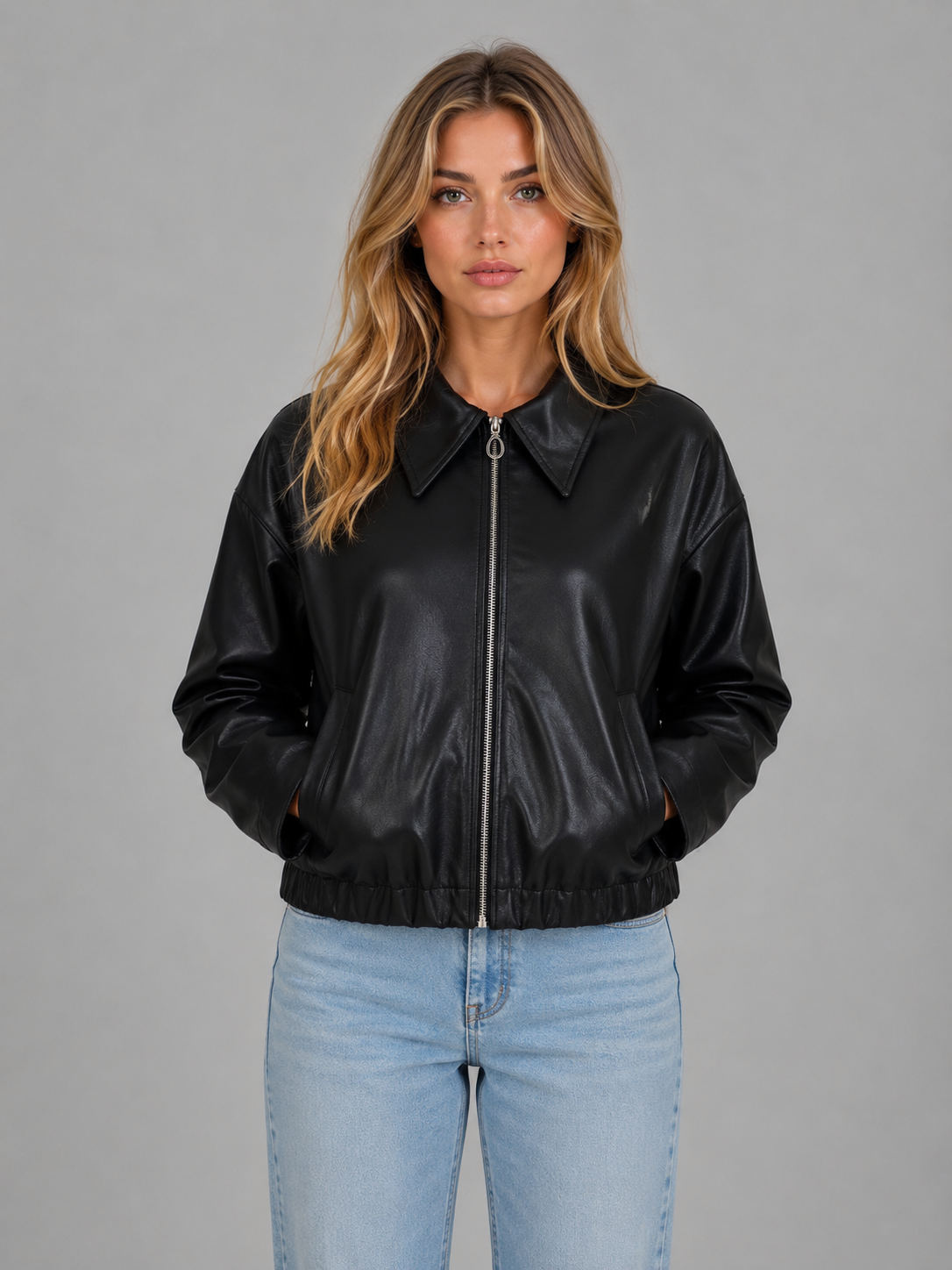Women's Leather Look Jacket – Cropped Zip Front Style