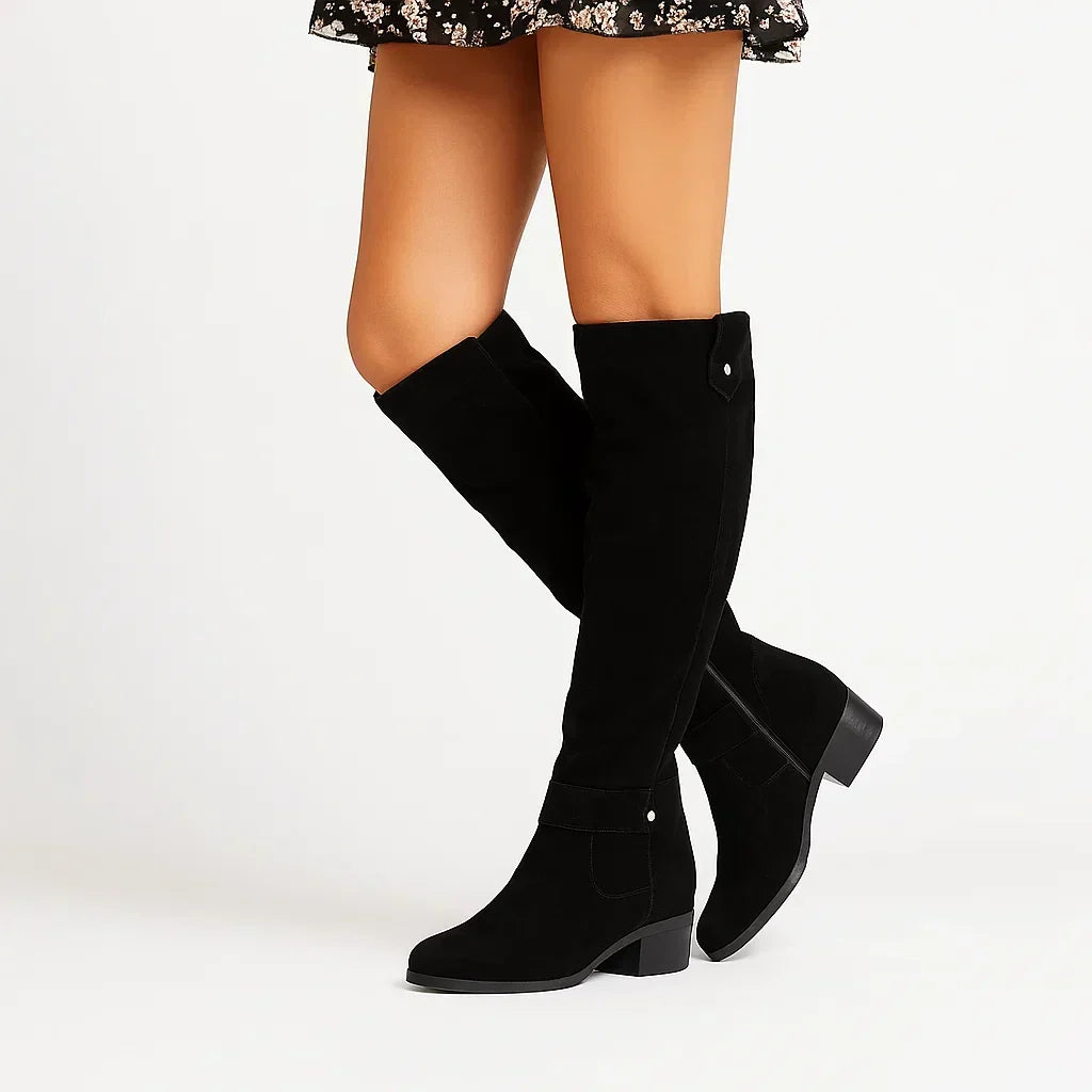 Women's Suede Knee-High Boots – Block Heel Design