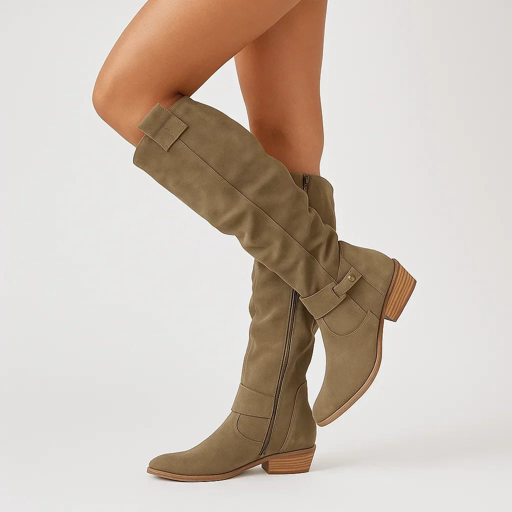 Women's Suede Knee-High Boots – Block Heel Design