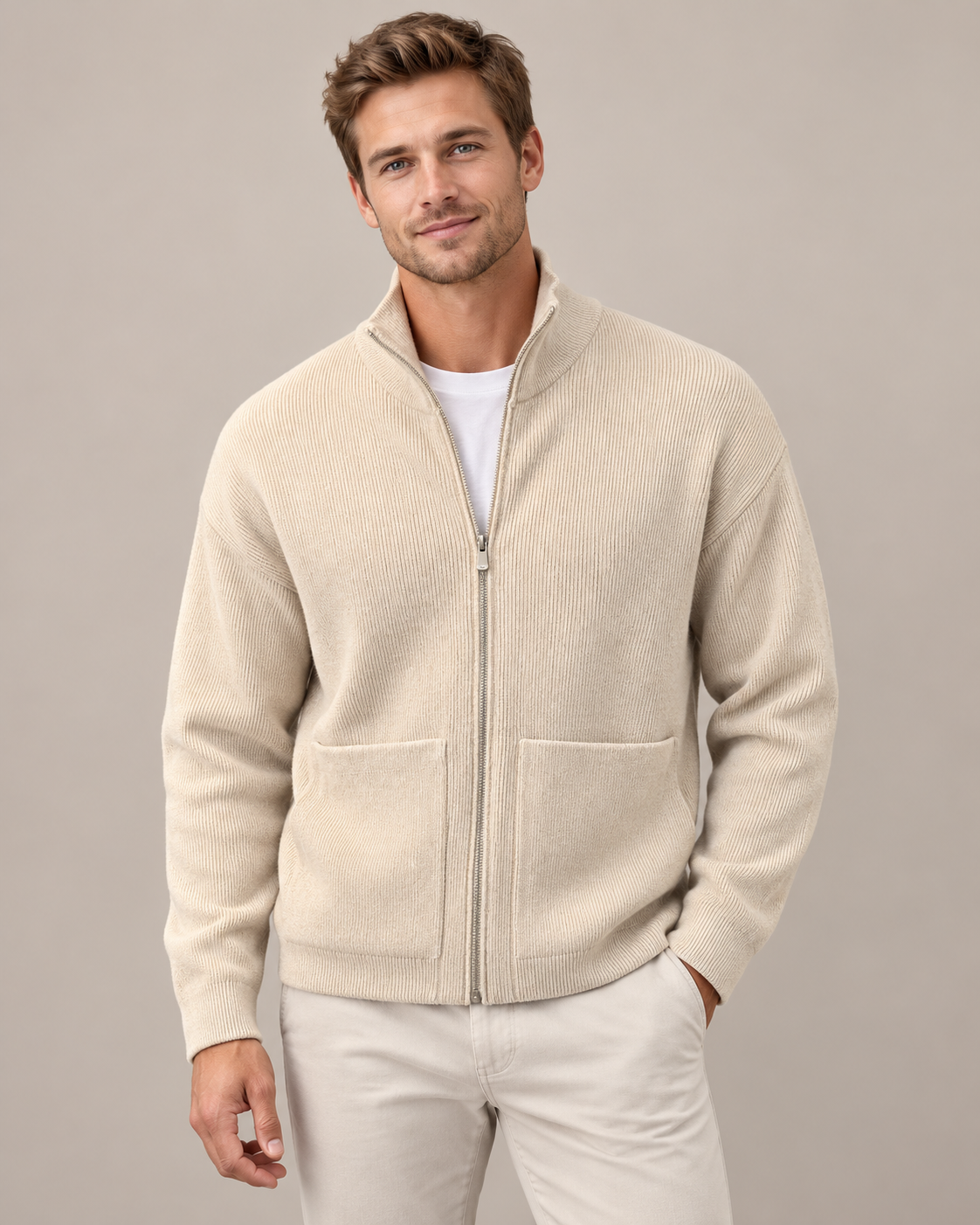 Men's Full-Zip Knit Cardigan – Slim Fit Stand Collar