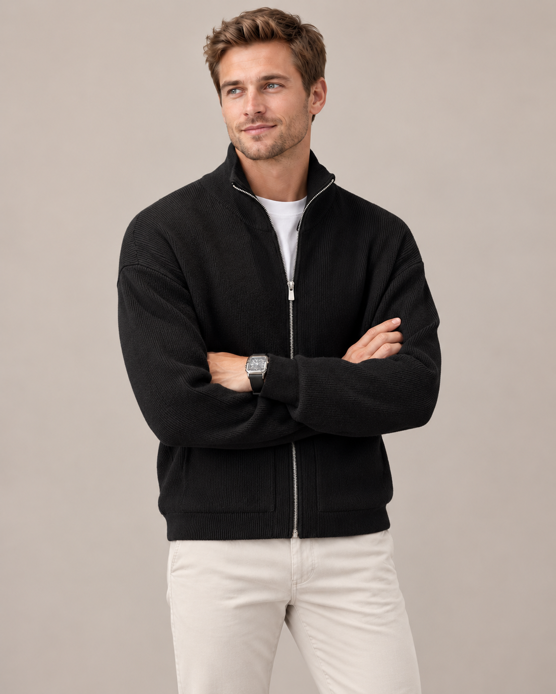Men's Full-Zip Knit Cardigan – Slim Fit Stand Collar