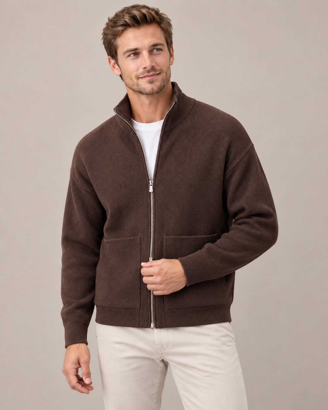 Men's Full-Zip Knit Cardigan – Slim Fit Stand Collar
