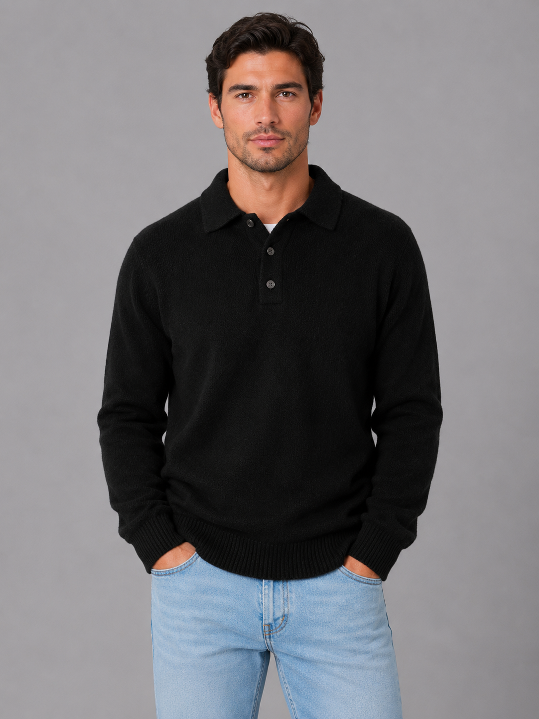 Men's Polo Sweater – Fine Knit Button Neck Style
