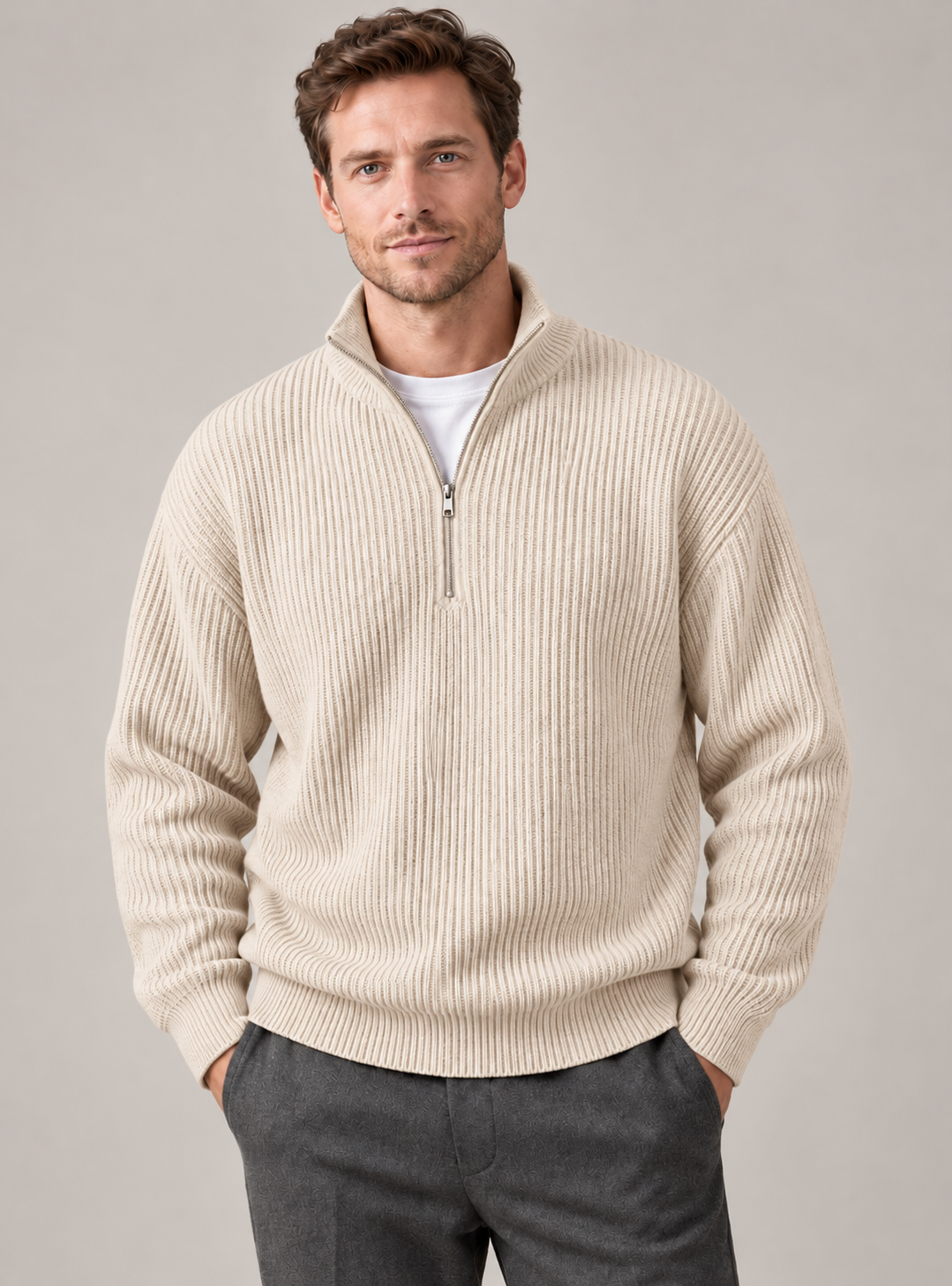 Men's Quarter-Zip Pullover – Ribbed Structured Knit