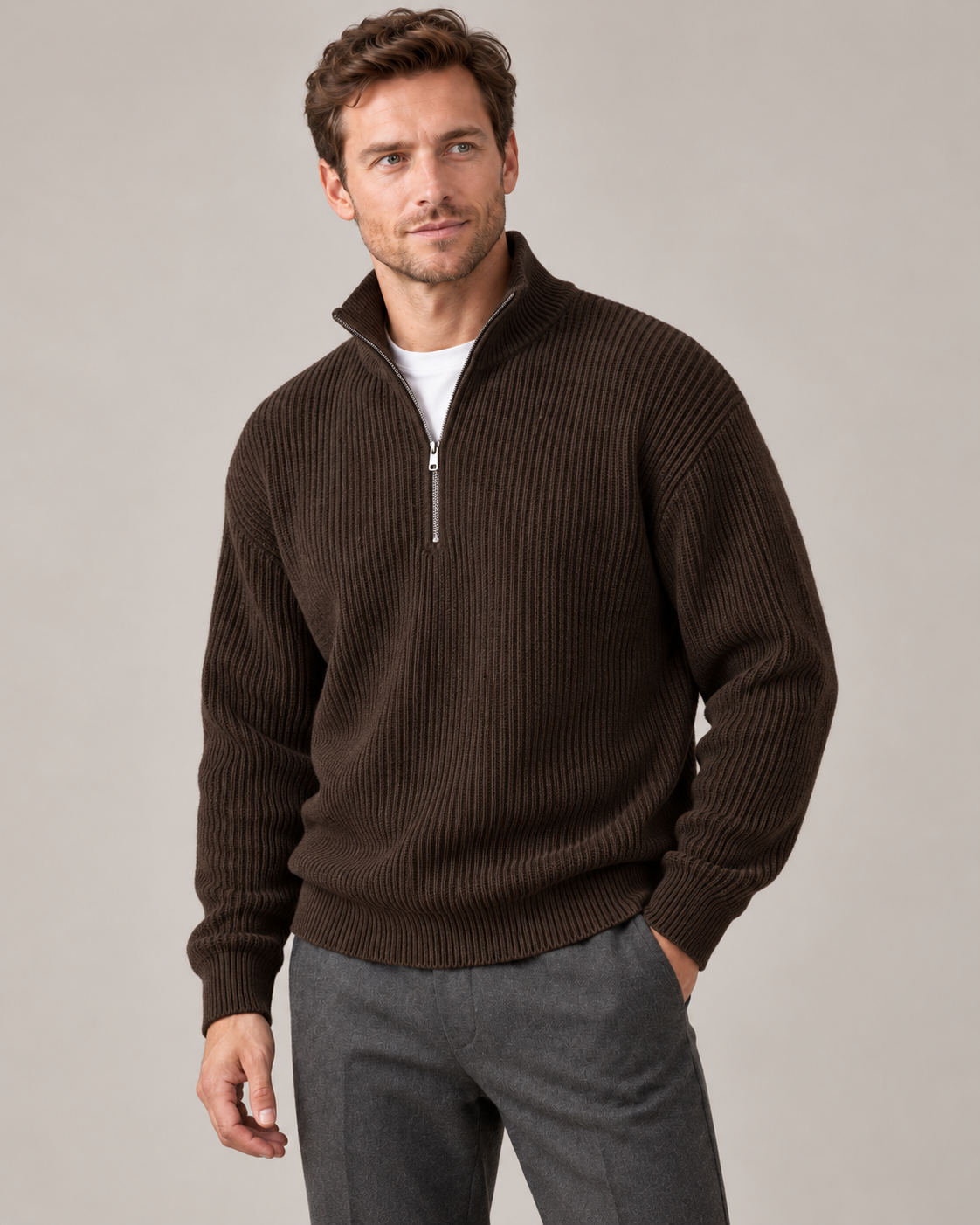 Men's Quarter-Zip Pullover – Ribbed Structured Knit