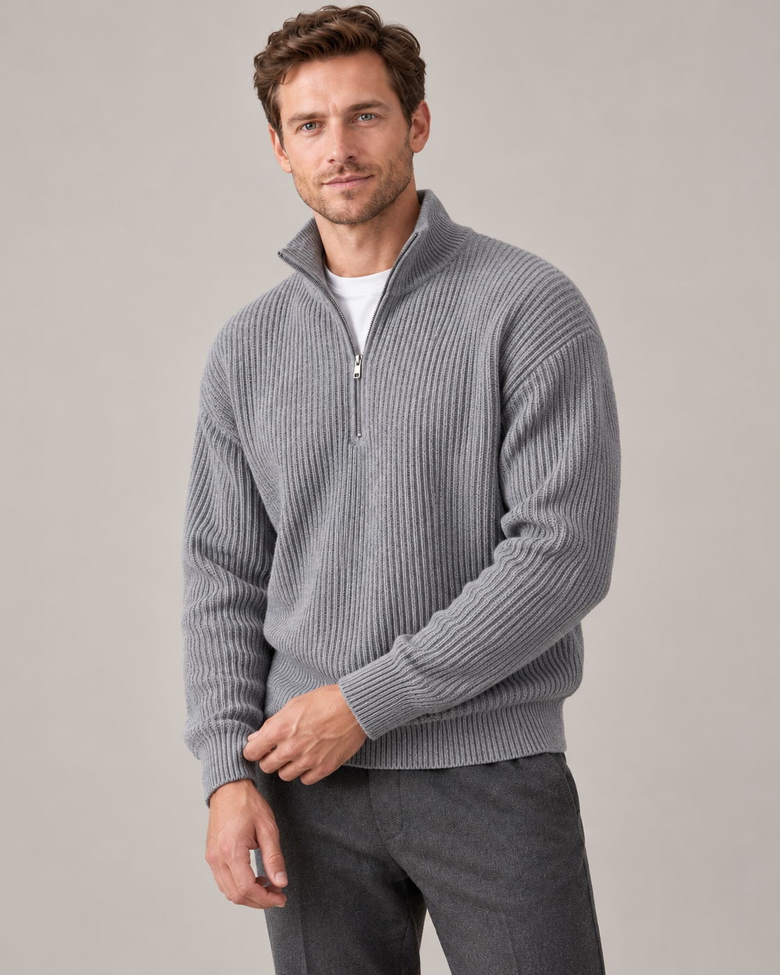 Men's Quarter-Zip Pullover – Ribbed Structured Knit