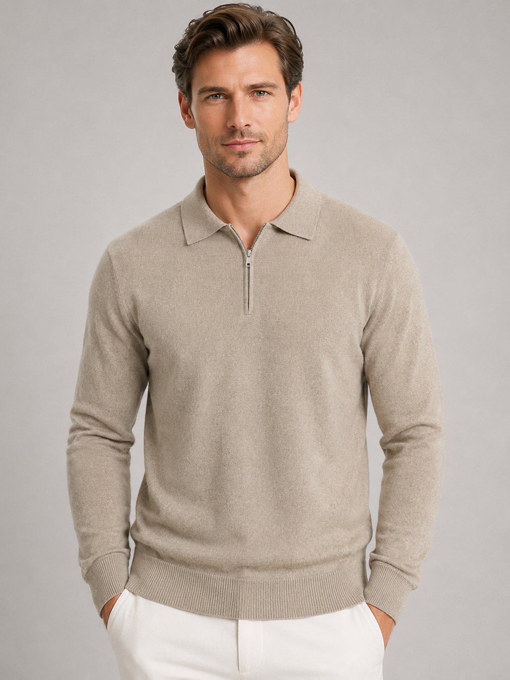 Men's Quarter-Zip Polo Sweater – Fine Knit Wool Blend