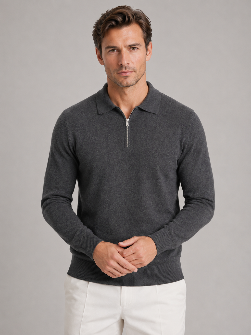 Men's Quarter-Zip Polo Sweater – Fine Knit Wool Blend
