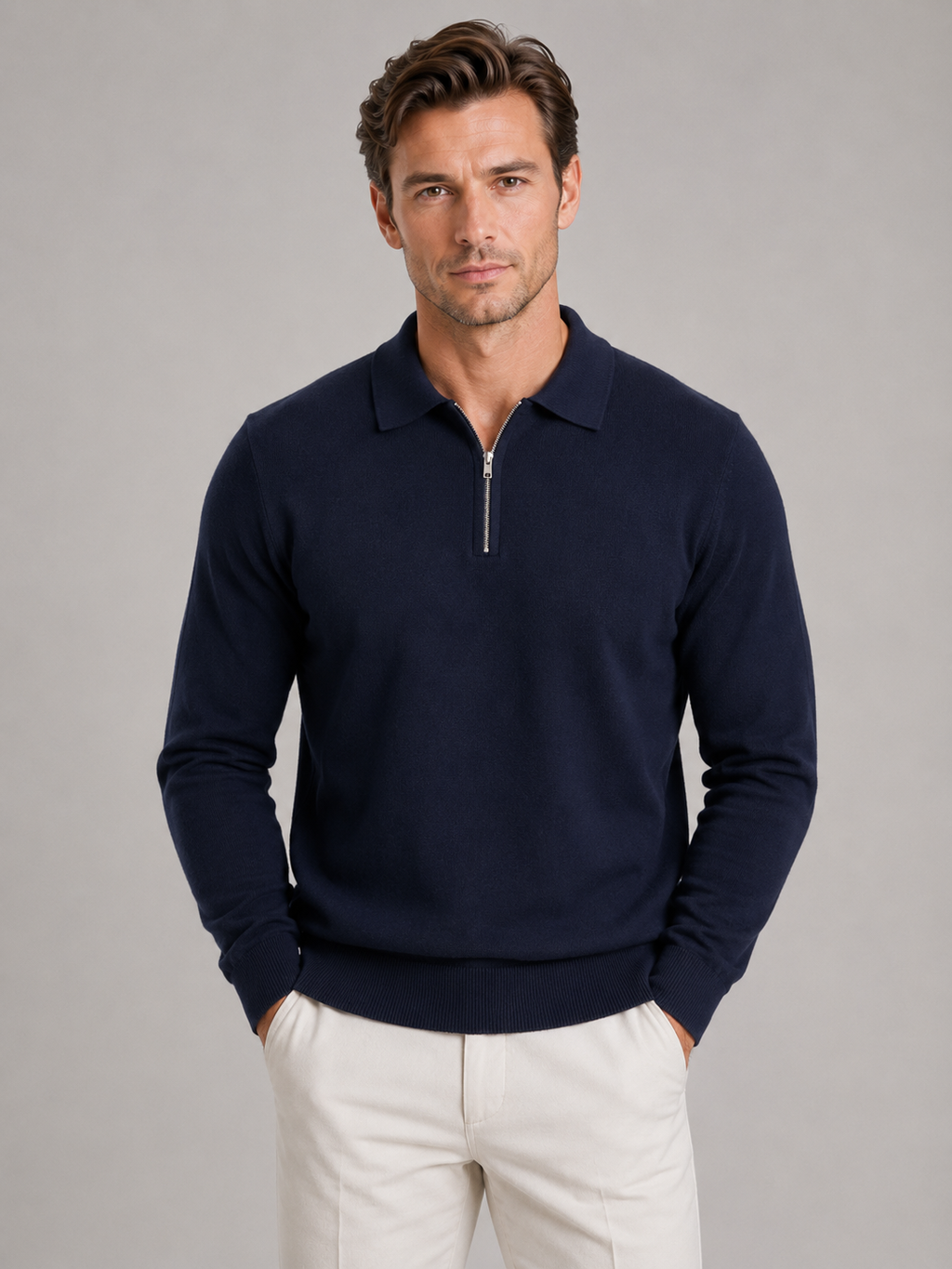 Men's Quarter-Zip Polo Sweater – Fine Knit Wool Blend