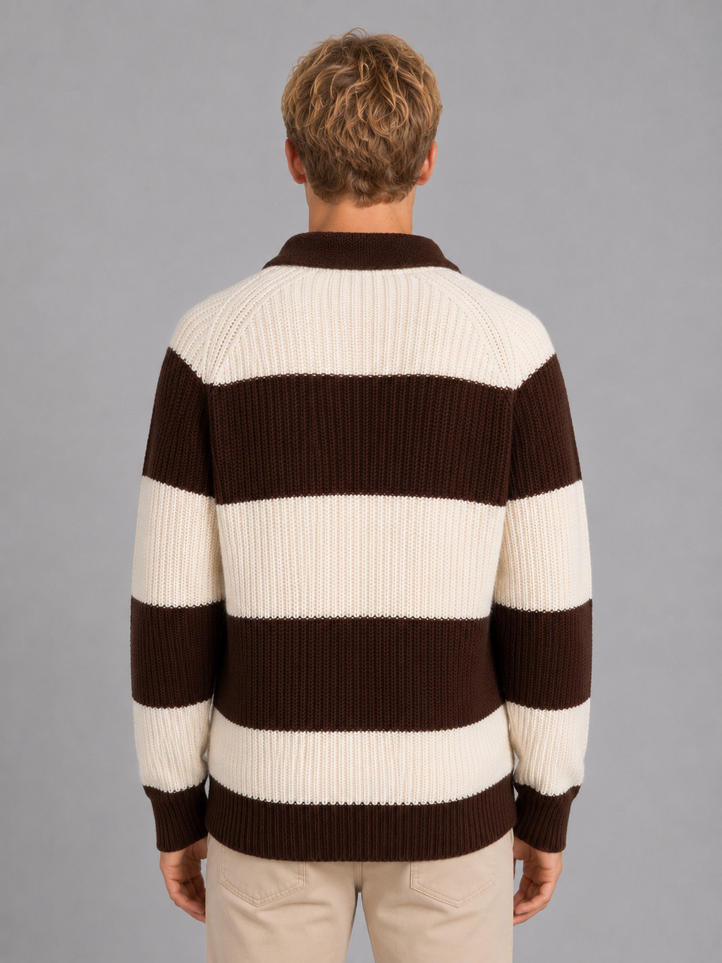 Men's Striped Polo Sweater – Ribbed Button Neck Knit