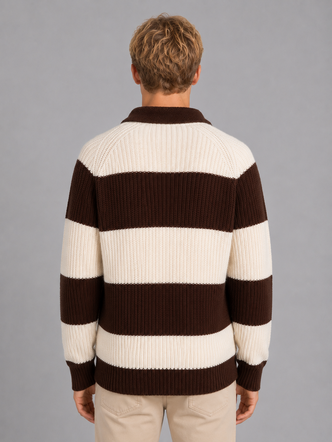 Men's Striped Polo Sweater – Ribbed Button Neck Knit