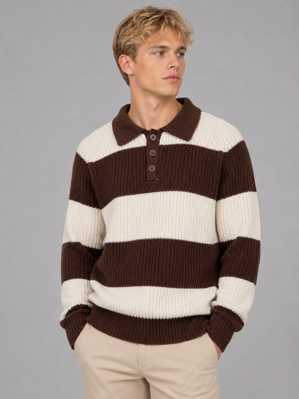 Men's Striped Polo Sweater – Ribbed Button Neck Knit