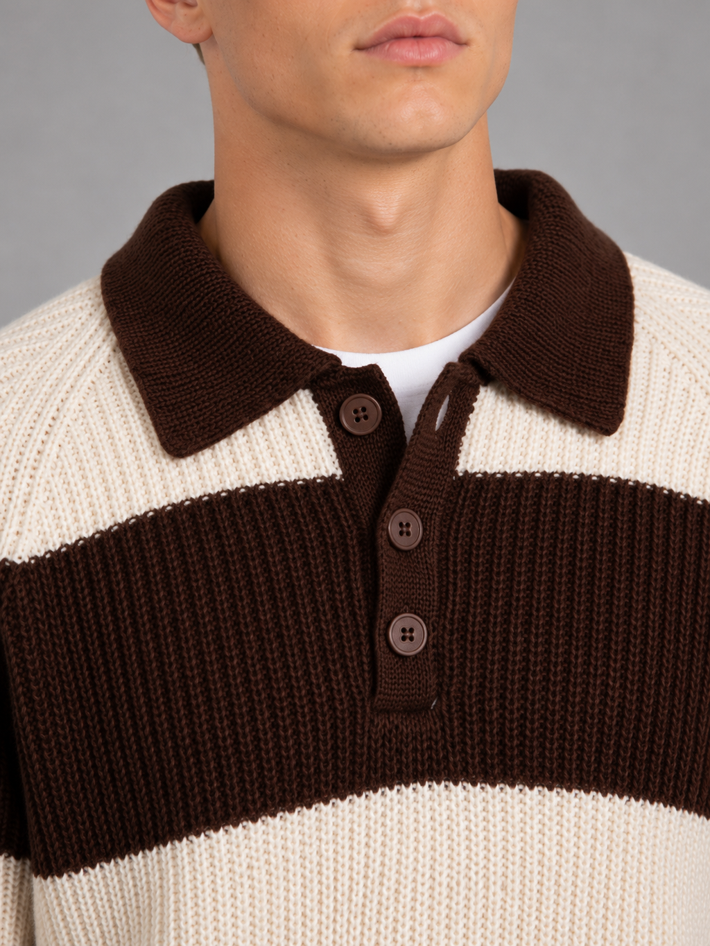 Men's Striped Polo Sweater – Ribbed Button Neck Knit