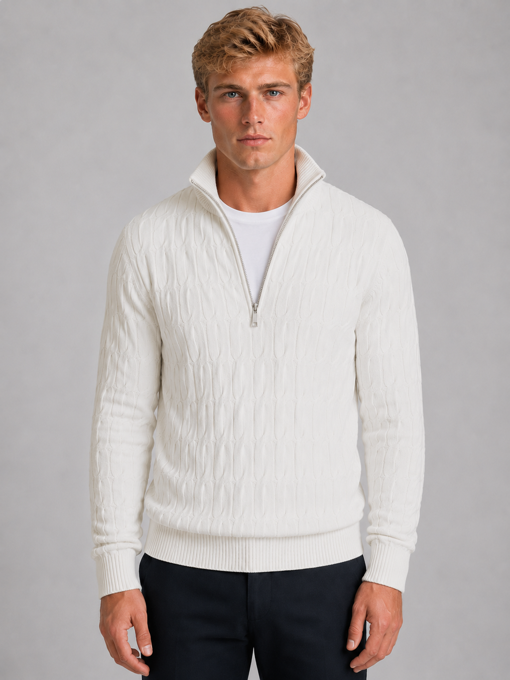 Men's Quarter-Zip Sweater – Textured Funnel Neck Knit