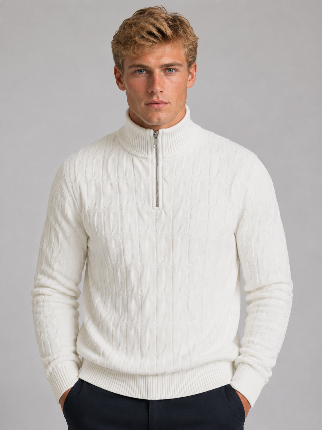 Men's Quarter-Zip Sweater – Textured Funnel Neck Knit