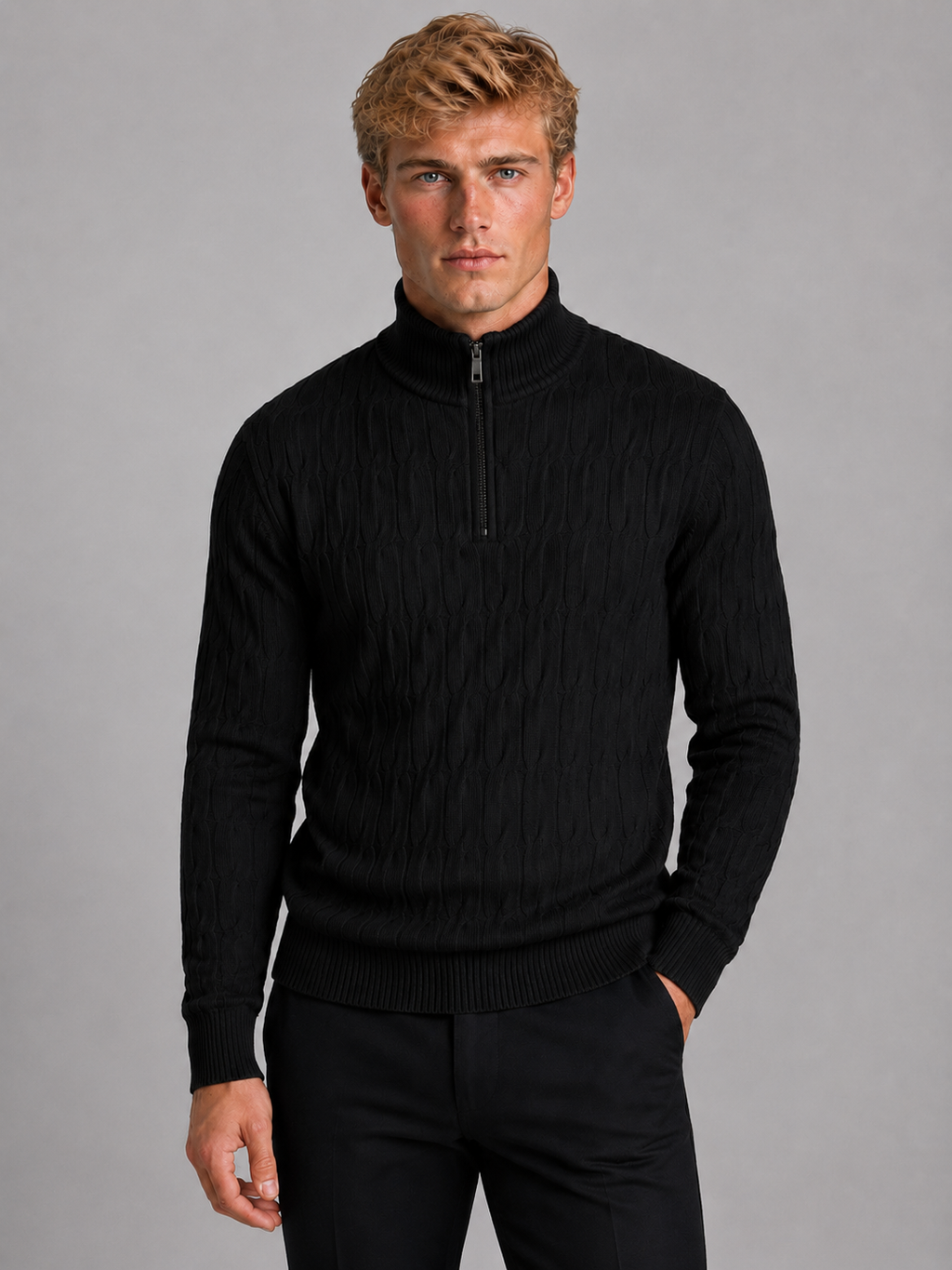 Men's Quarter-Zip Sweater – Textured Funnel Neck Knit