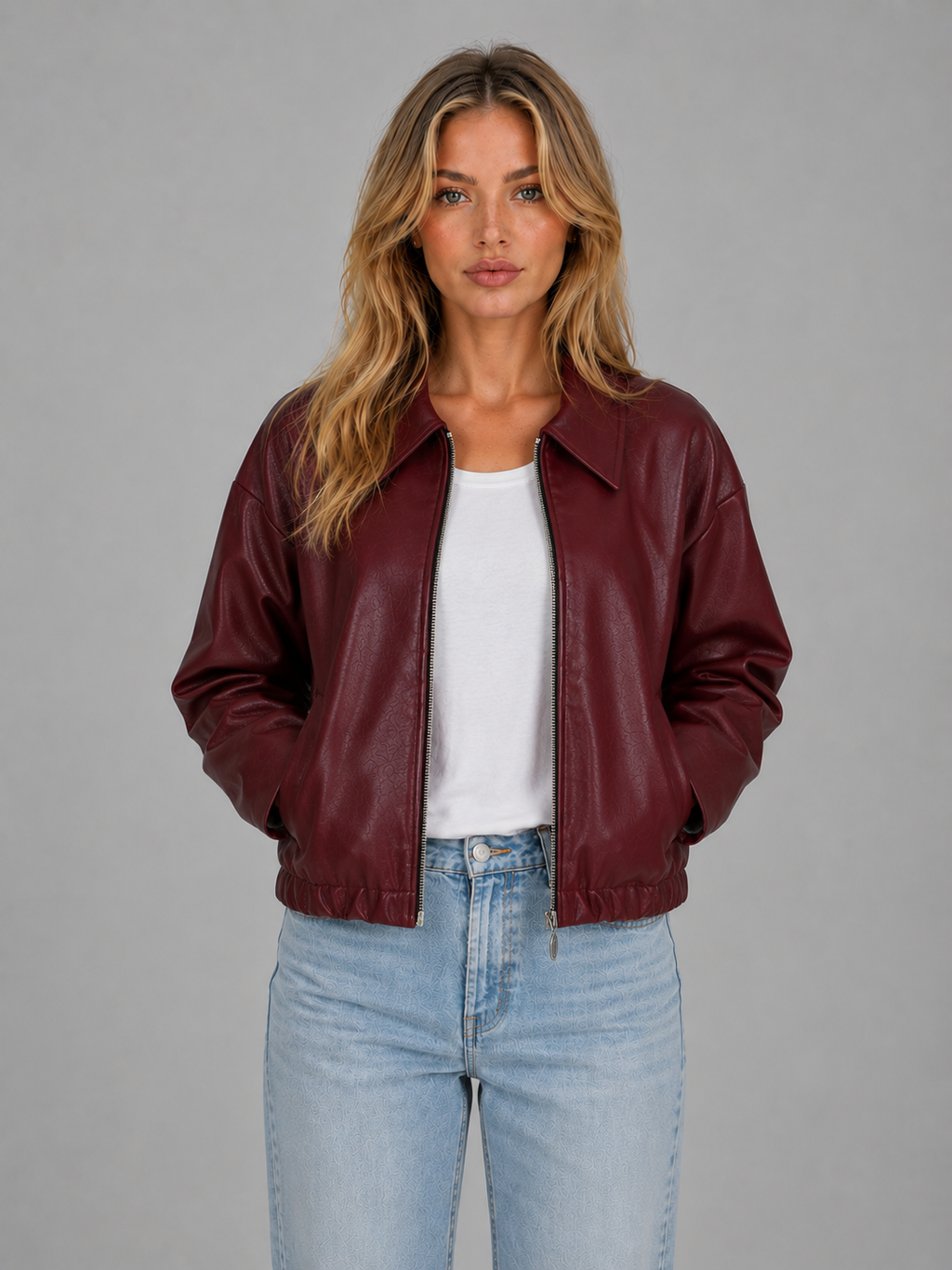 Women's Leather Look Jacket – Cropped Zip Front Style