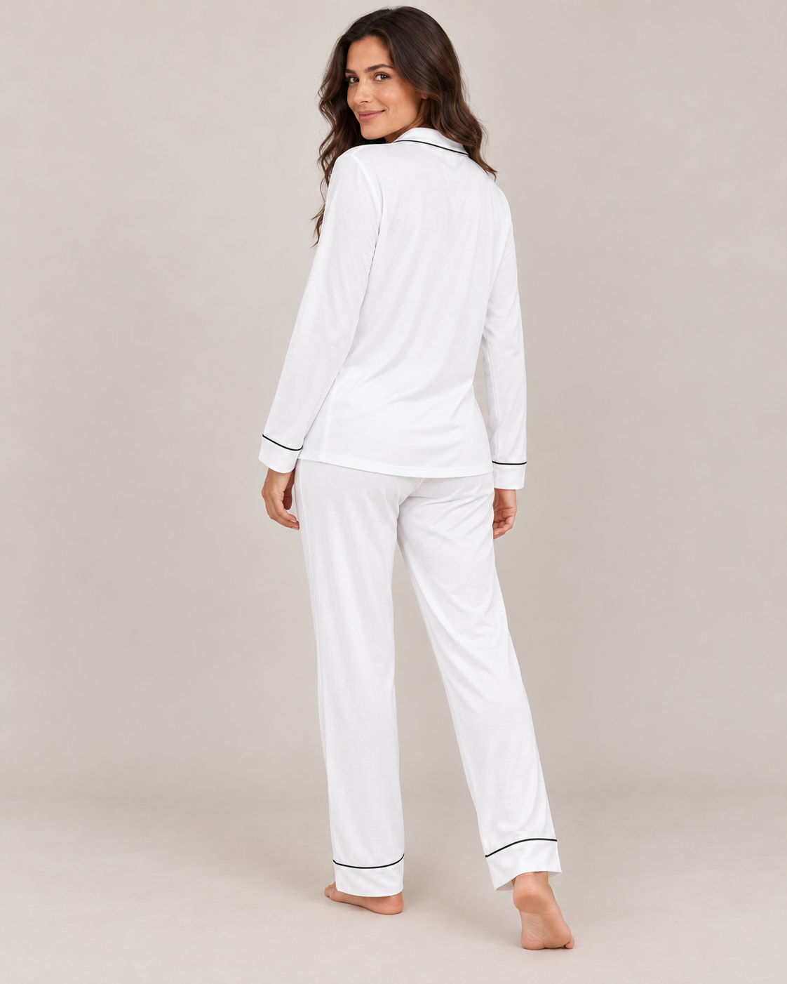 Women's Button-Front Pajama Set – Black Contrast Piping