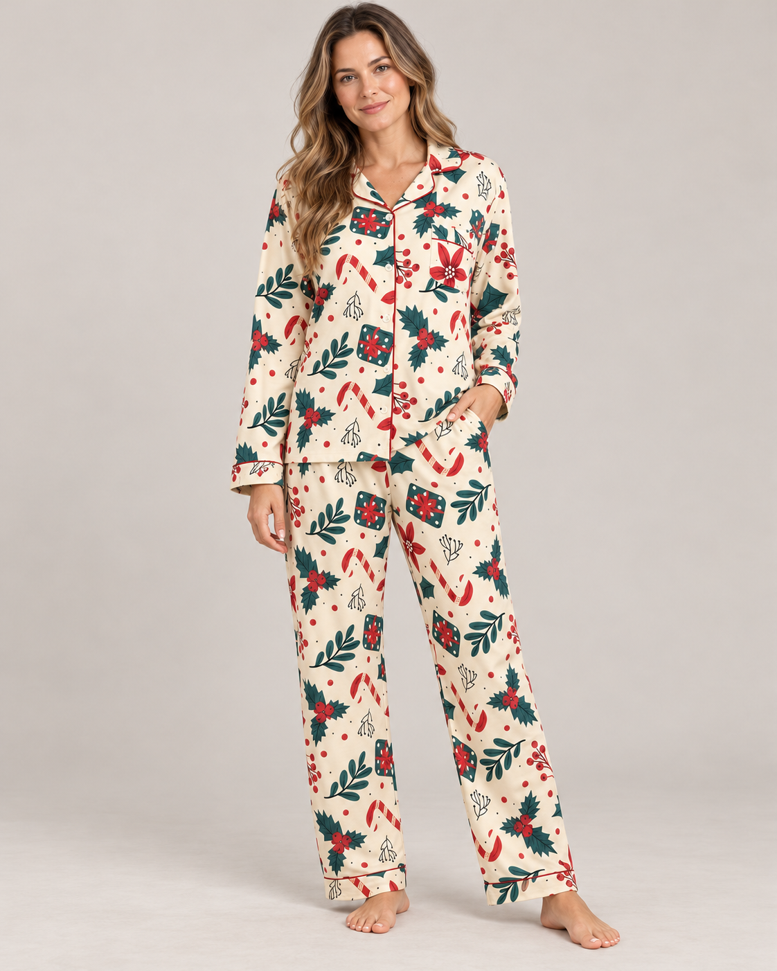 Women's Christmas Pajama Set – Candy Cane & Poinsettia