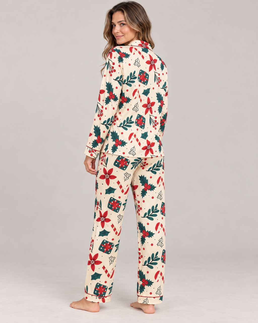 Women's Christmas Pajama Set – Candy Cane & Poinsettia