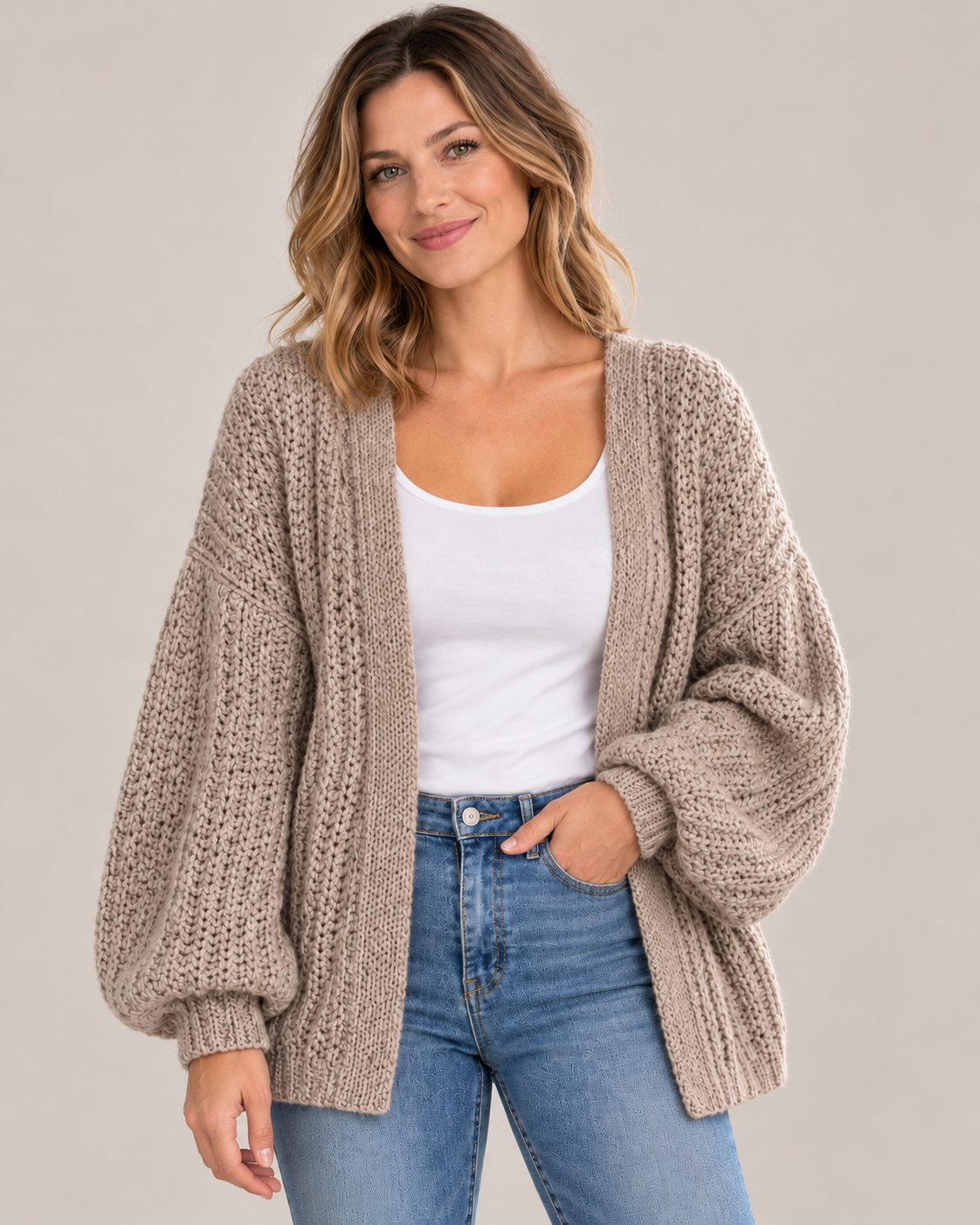 Women's Chunky Knit Cardigan – Open Front Balloon Sleeves