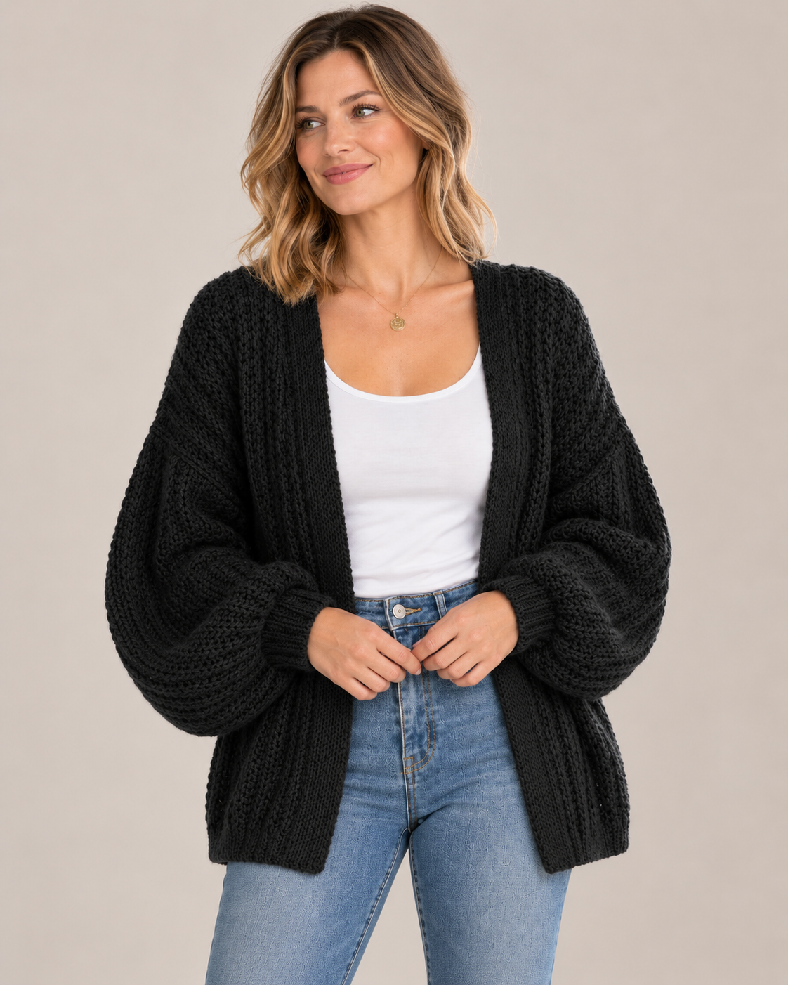 Women's Chunky Knit Cardigan – Open Front Balloon Sleeves