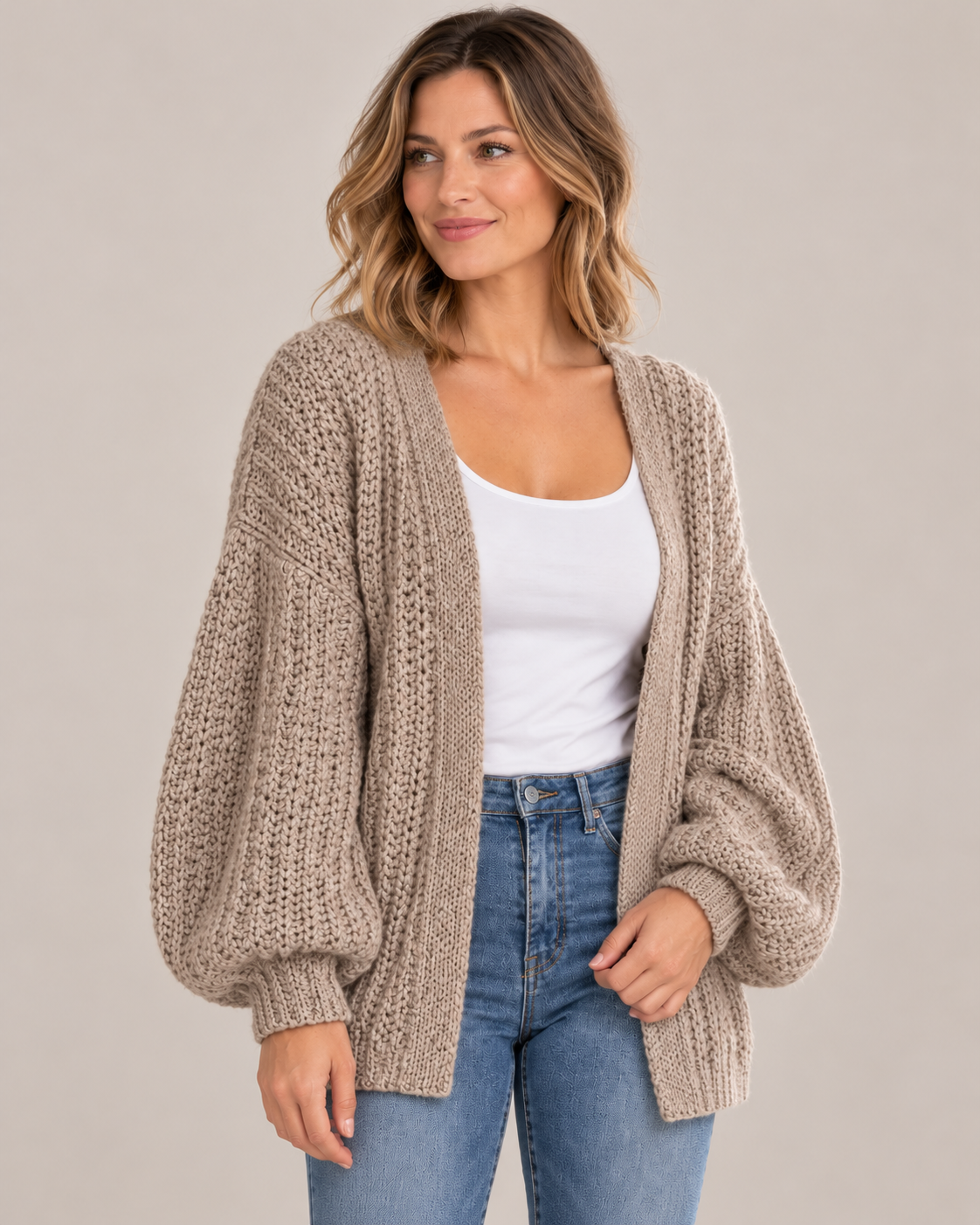 Women's Chunky Knit Cardigan – Open Front Balloon Sleeves