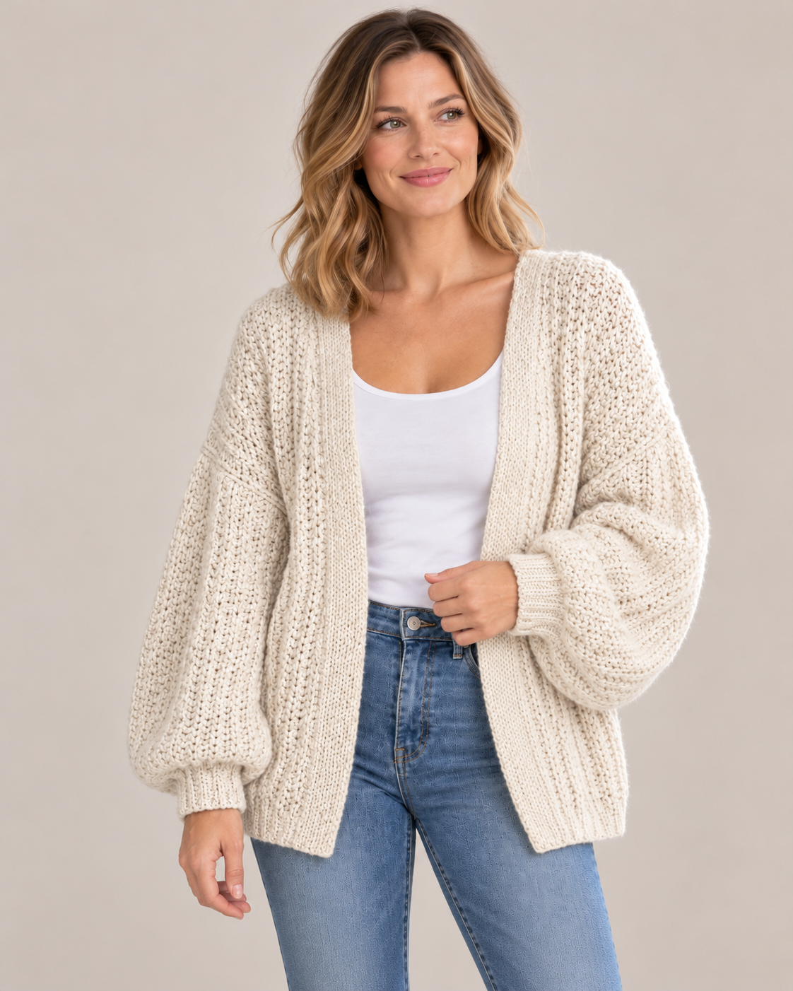 Women's Chunky Knit Cardigan – Open Front Balloon Sleeves