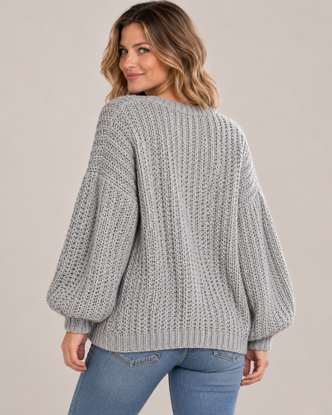 Women's Chunky Knit Cardigan – Open Front Balloon Sleeves