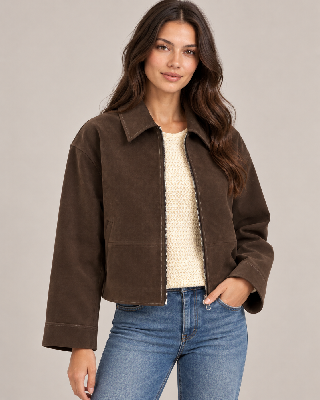 Women's Cropped Suede Jacket – Boxy Zip Front