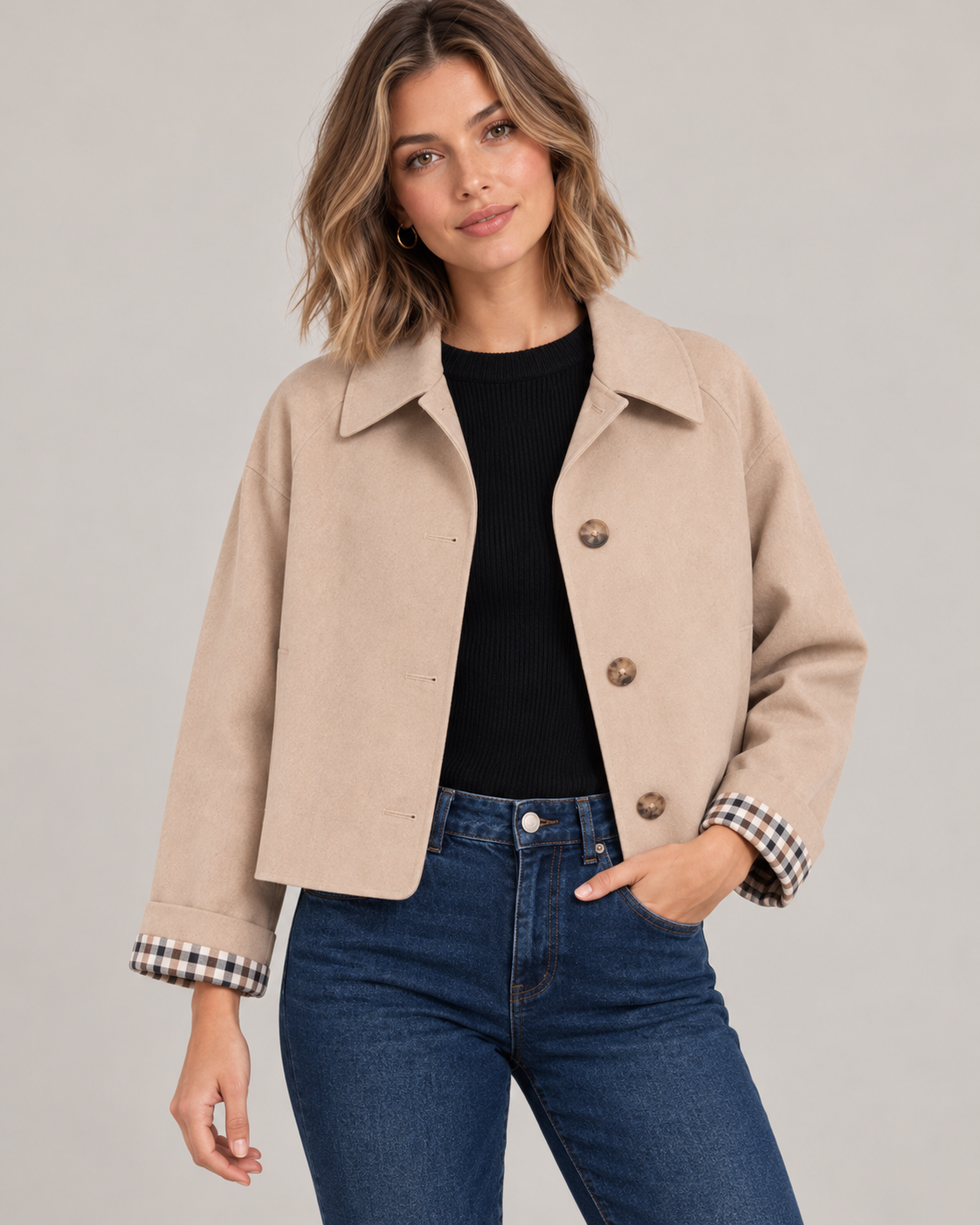 Women's Cropped Trench Jacket – Plaid Lining