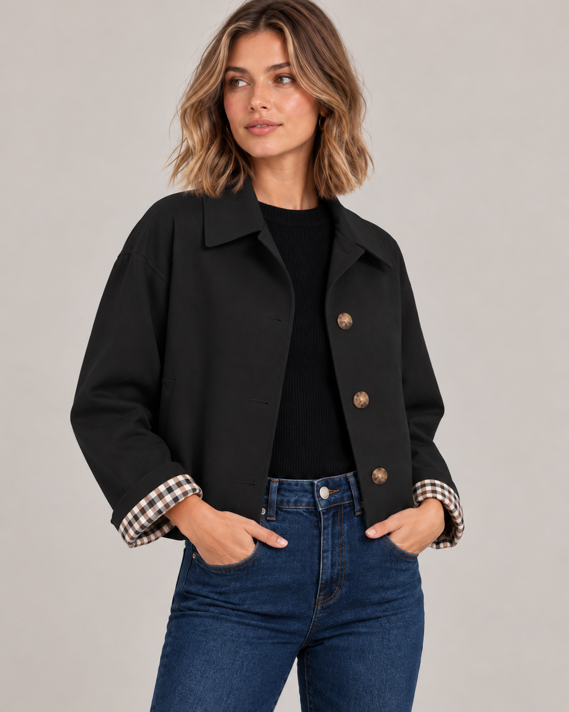 Women's Cropped Trench Jacket – Plaid Lining