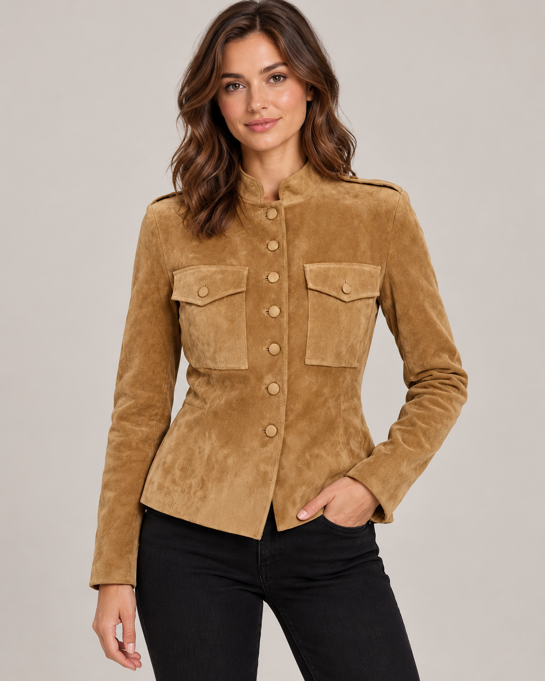 Women's Fitted Suede Jacket – Stand Collar & Epaulettes