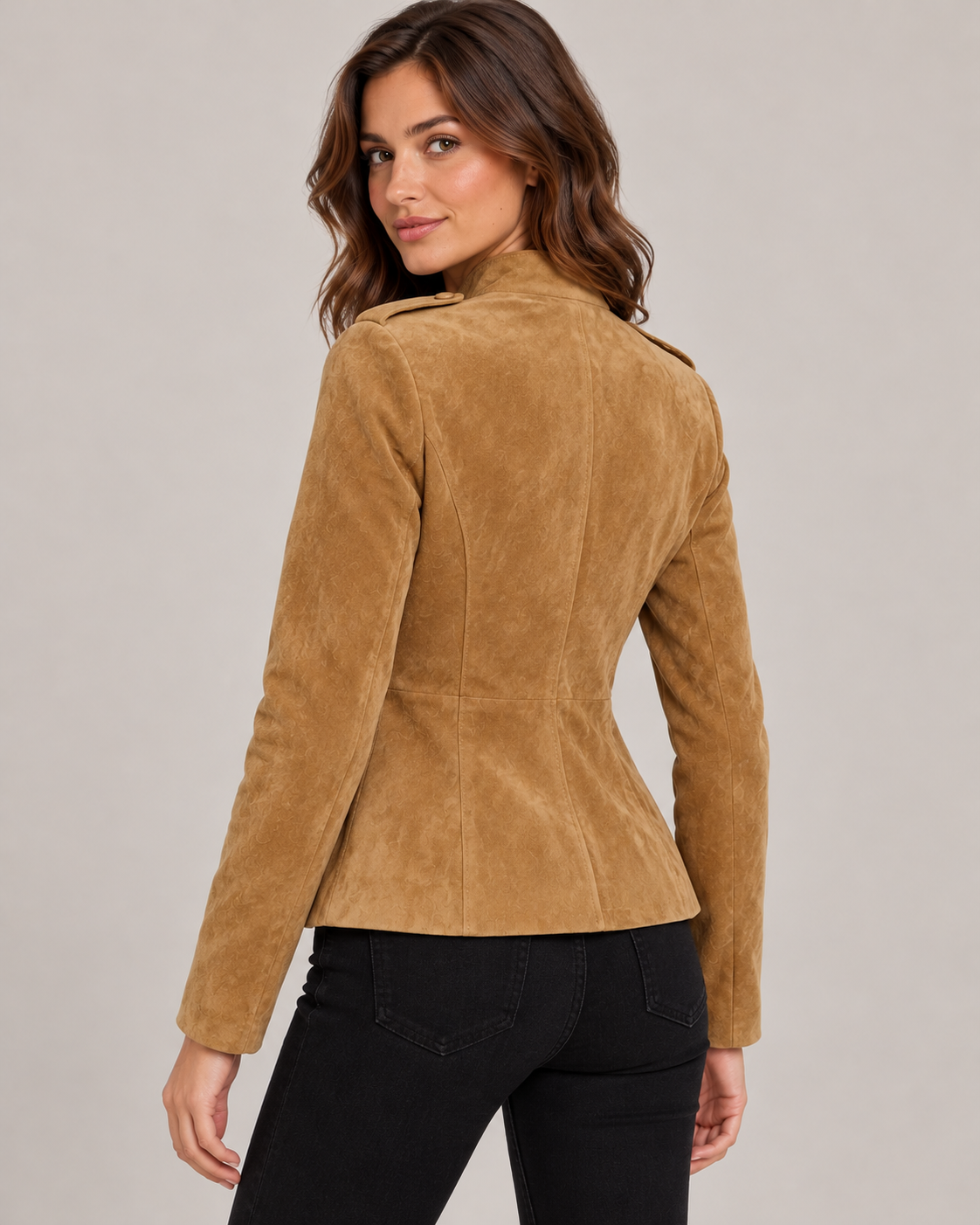 Women's Fitted Suede Jacket – Stand Collar & Epaulettes