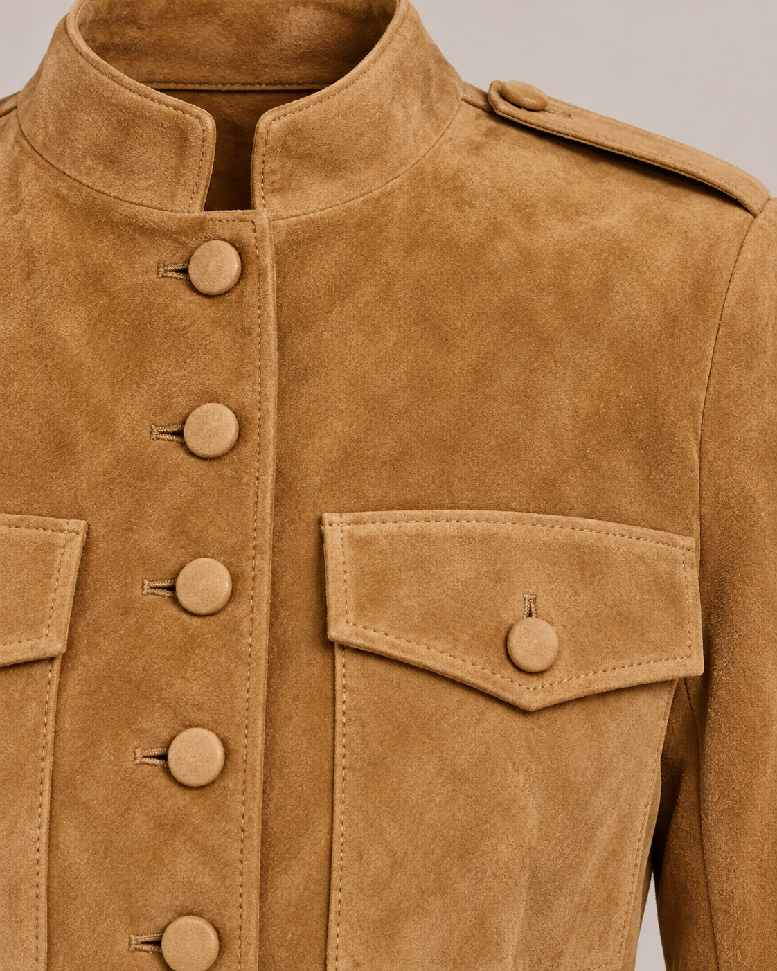 Women's Fitted Suede Jacket – Stand Collar & Epaulettes