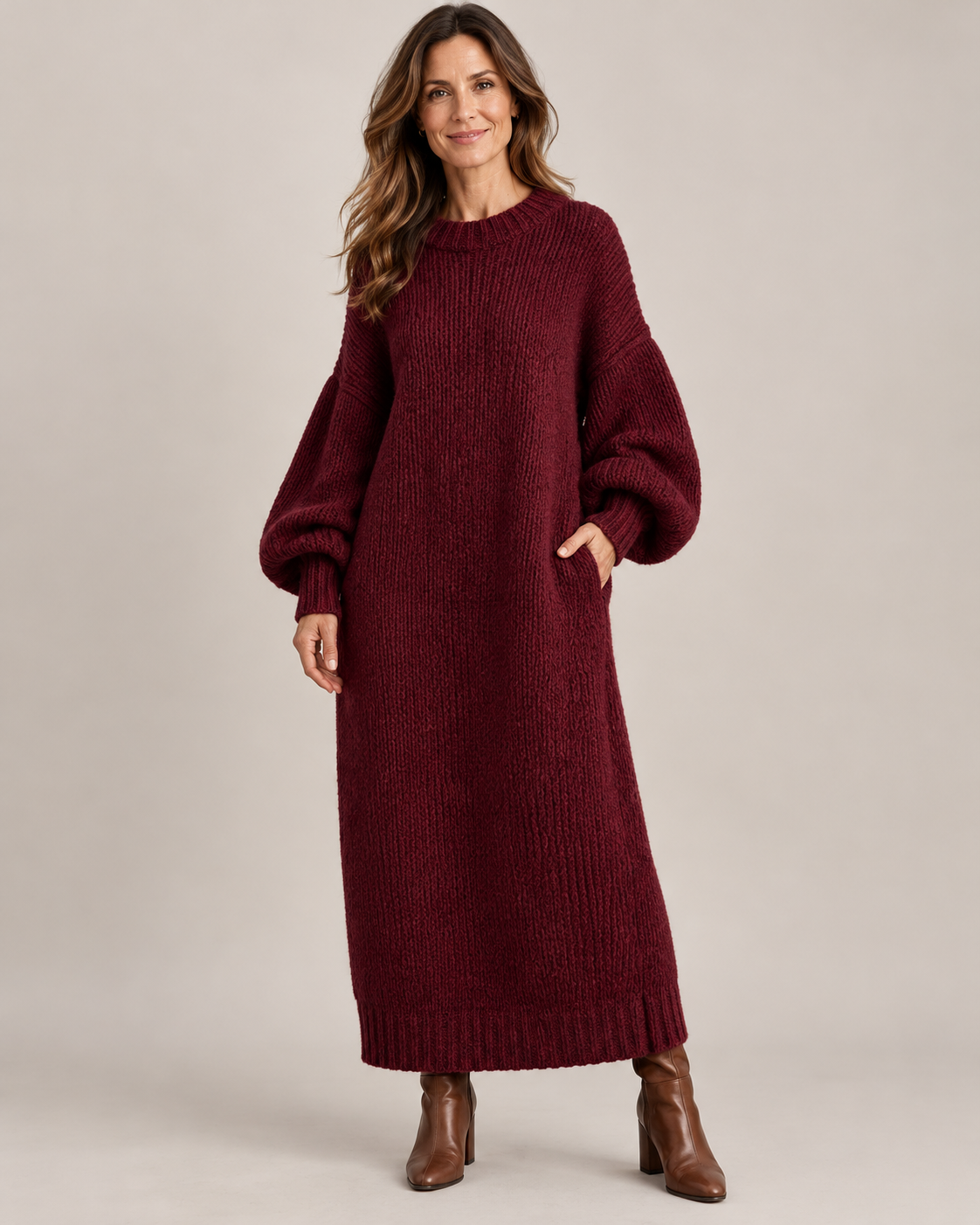 Women's Knit Maxi Dress – Chunky Ribbed Balloon Sleeves