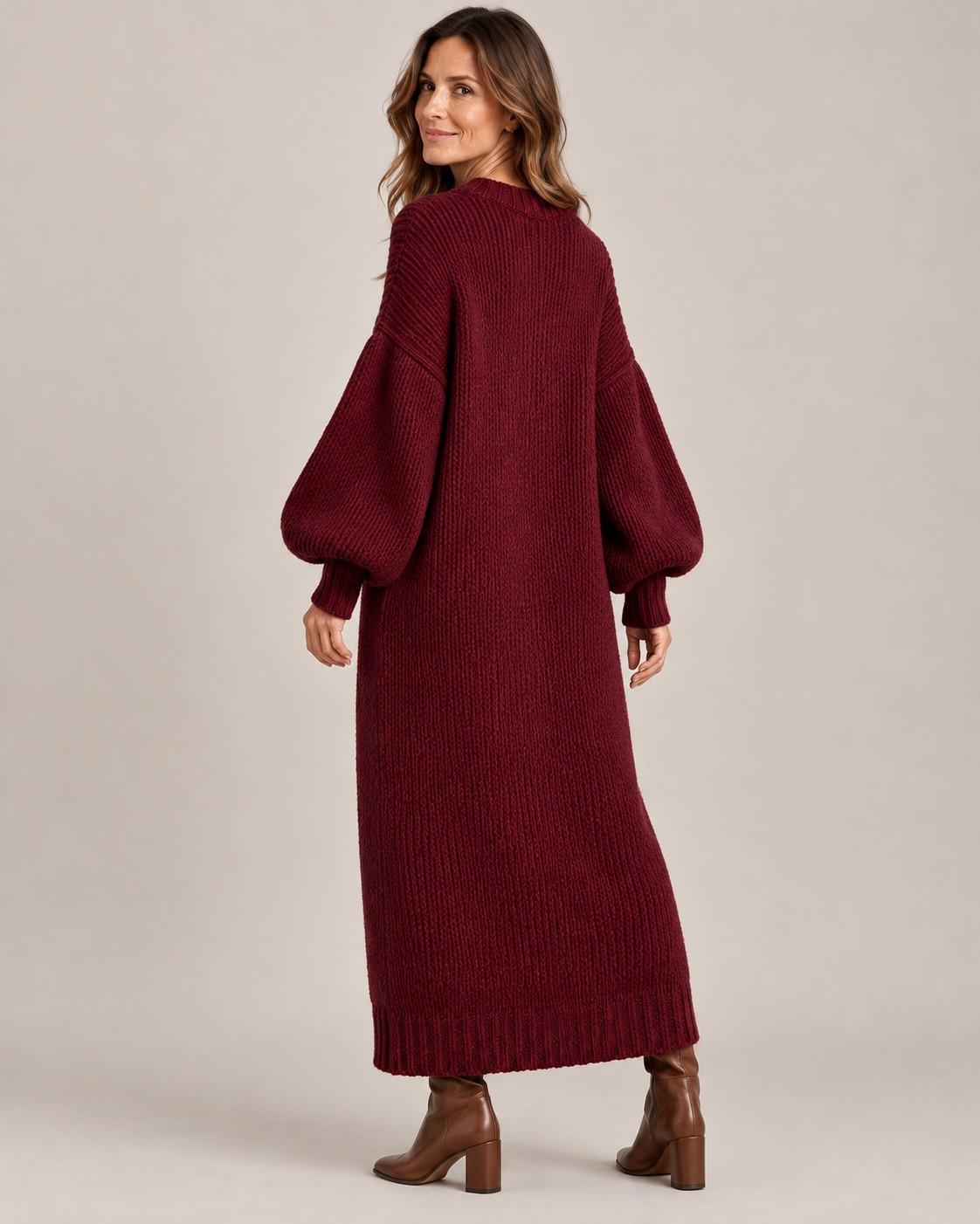 Women's Knit Maxi Dress – Chunky Ribbed Balloon Sleeves