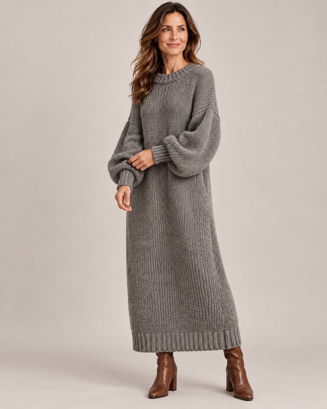Women's Knit Maxi Dress – Chunky Ribbed Balloon Sleeves