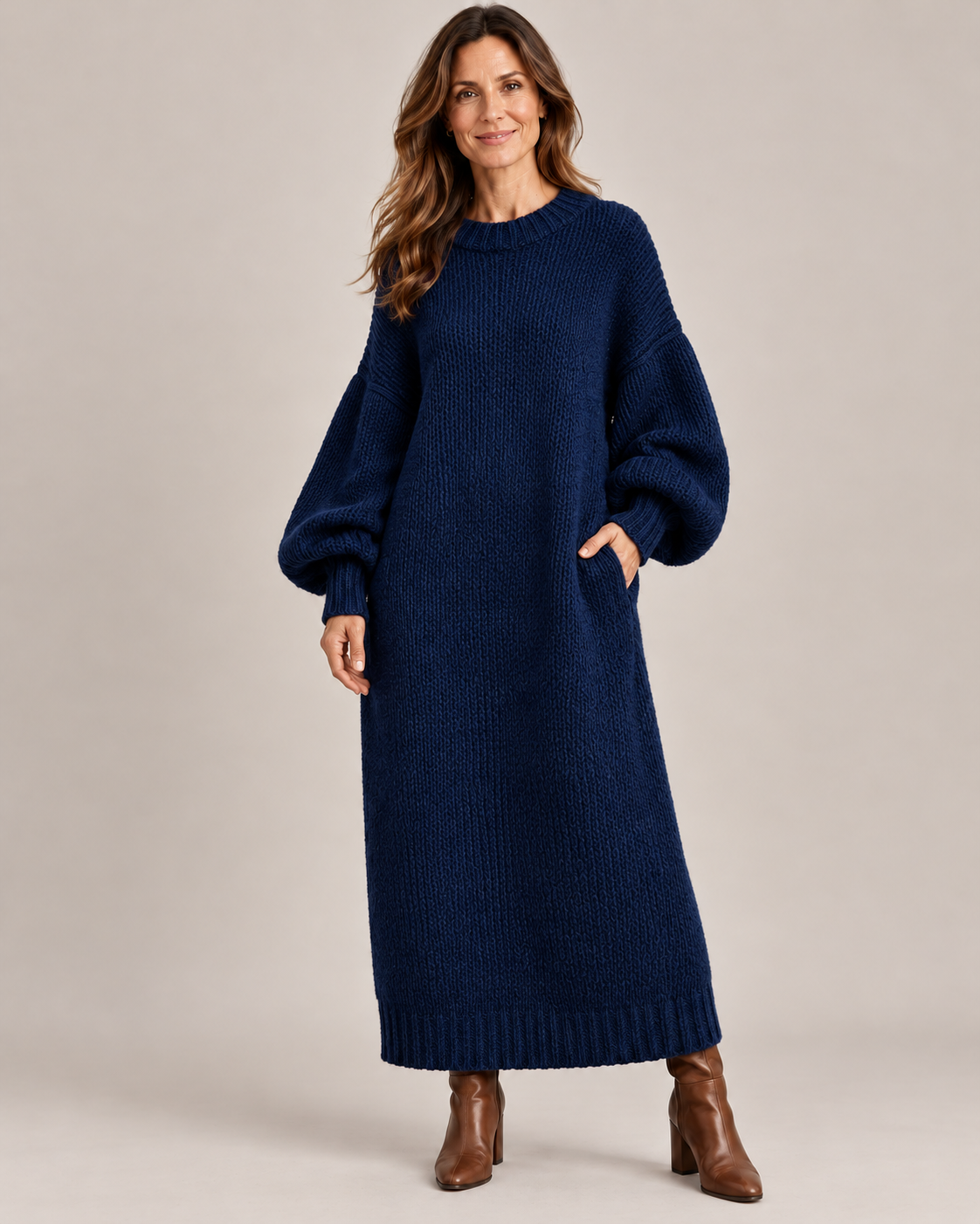 Women's Knit Maxi Dress – Chunky Ribbed Balloon Sleeves