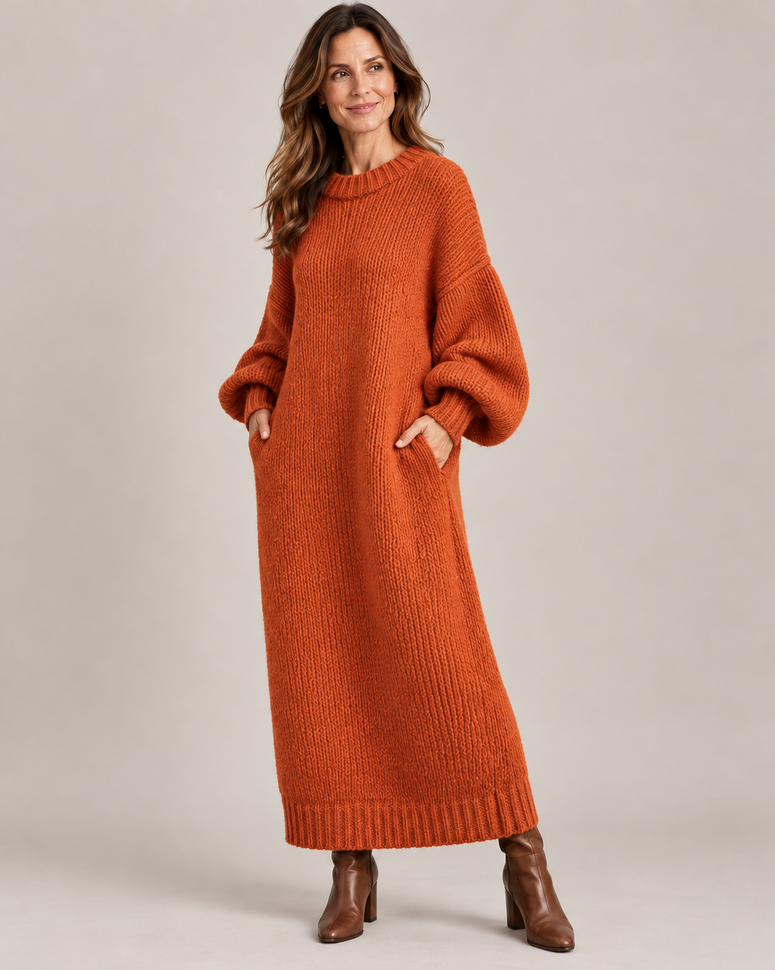 Women's Knit Maxi Dress – Chunky Ribbed Balloon Sleeves