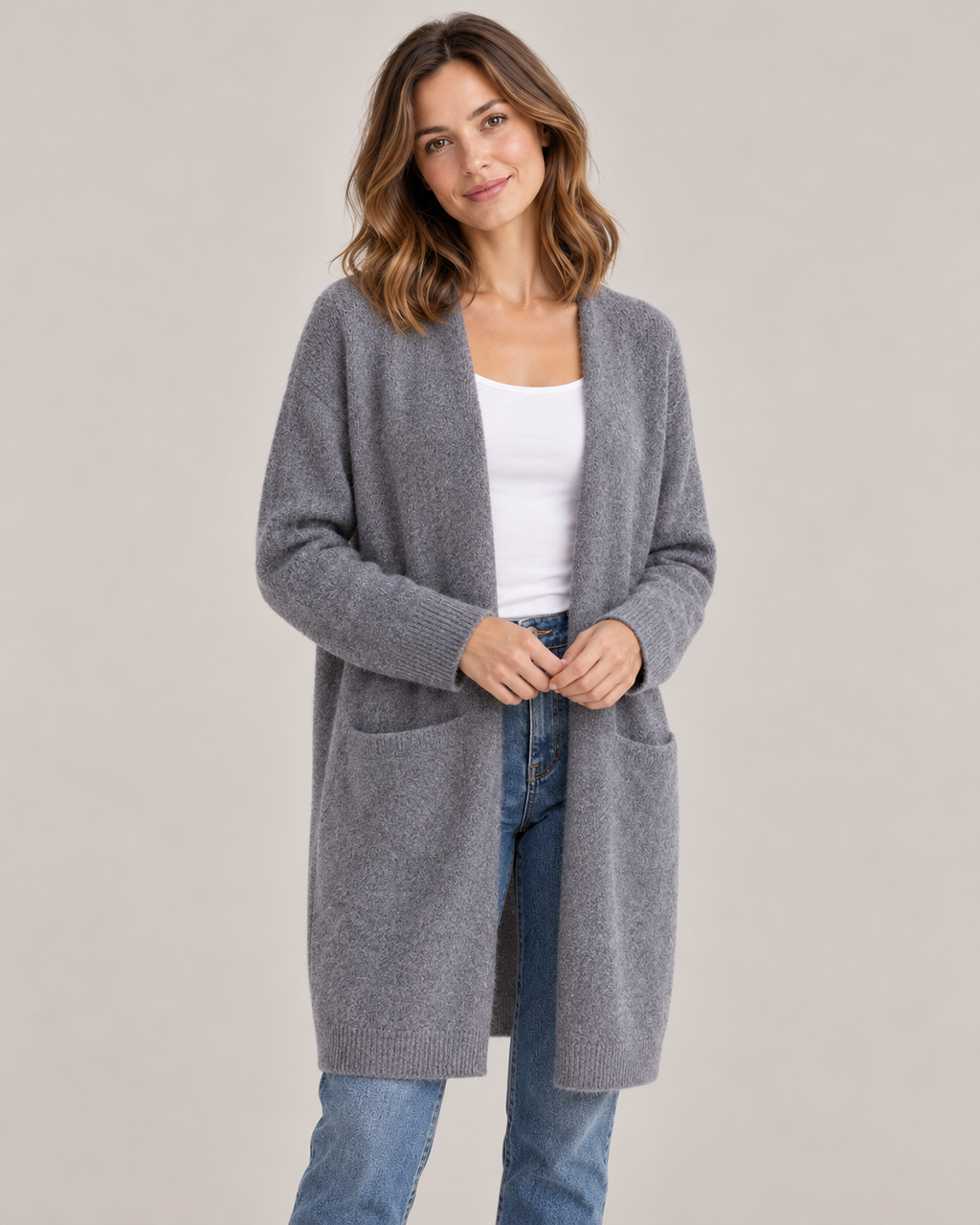 Women's Long Cardigan – Open Front Soft Knit with Pockets
