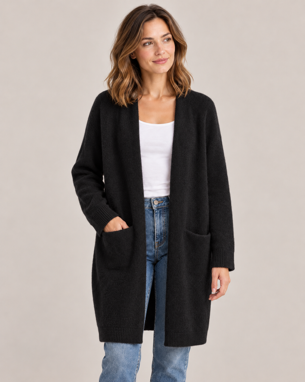 Women's Long Cardigan – Open Front Soft Knit with Pockets
