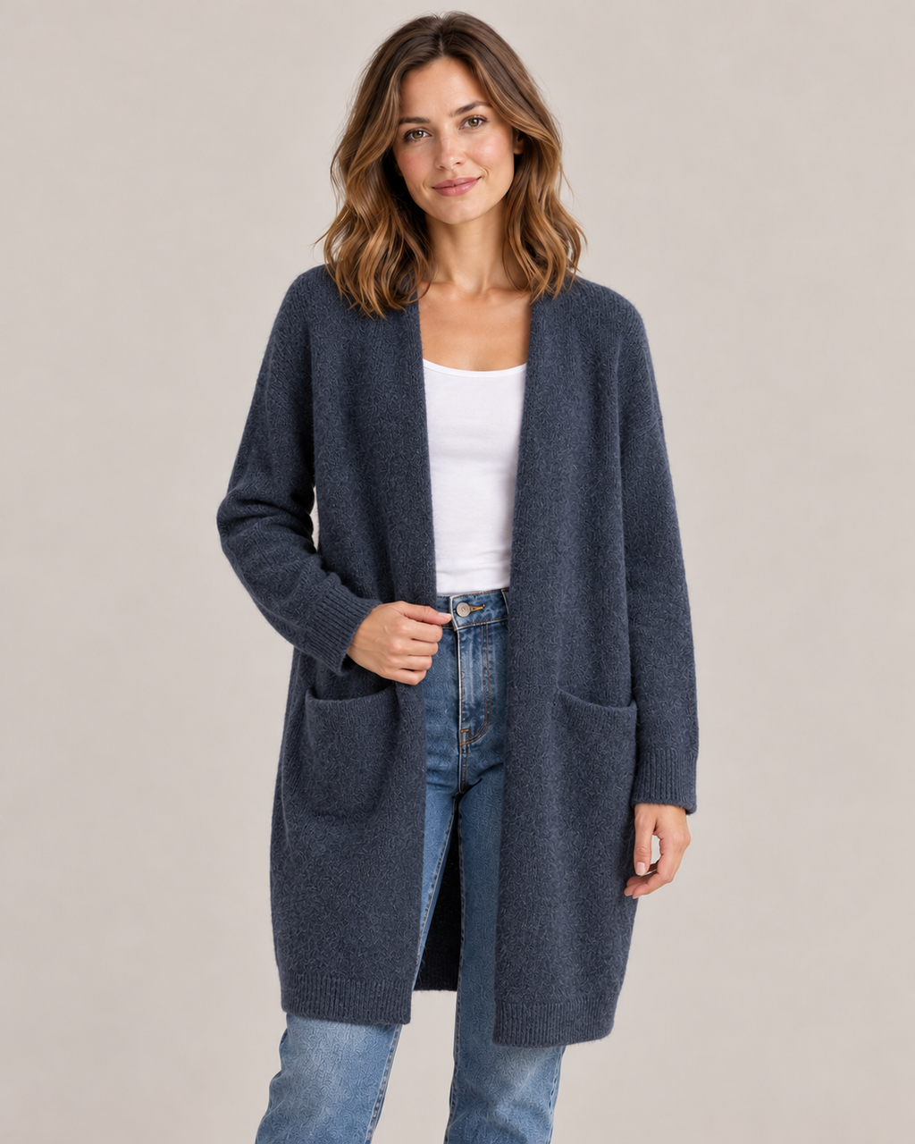 Women's Long Cardigan – Open Front Soft Knit with Pockets