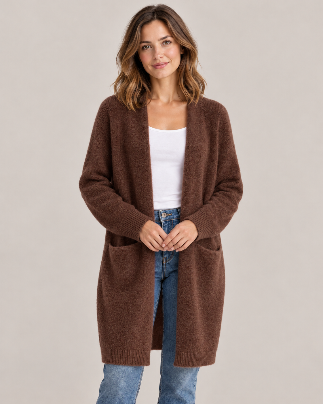 Women's Long Cardigan – Open Front Soft Knit with Pockets