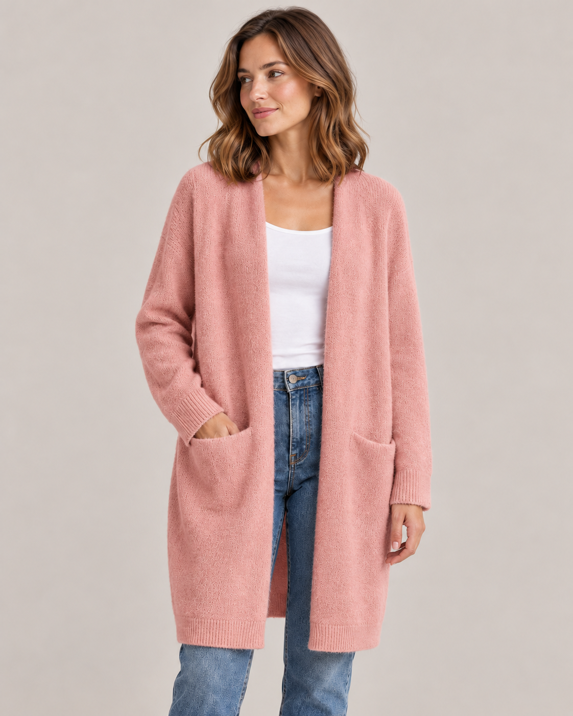 Women's Long Cardigan – Open Front Soft Knit with Pockets