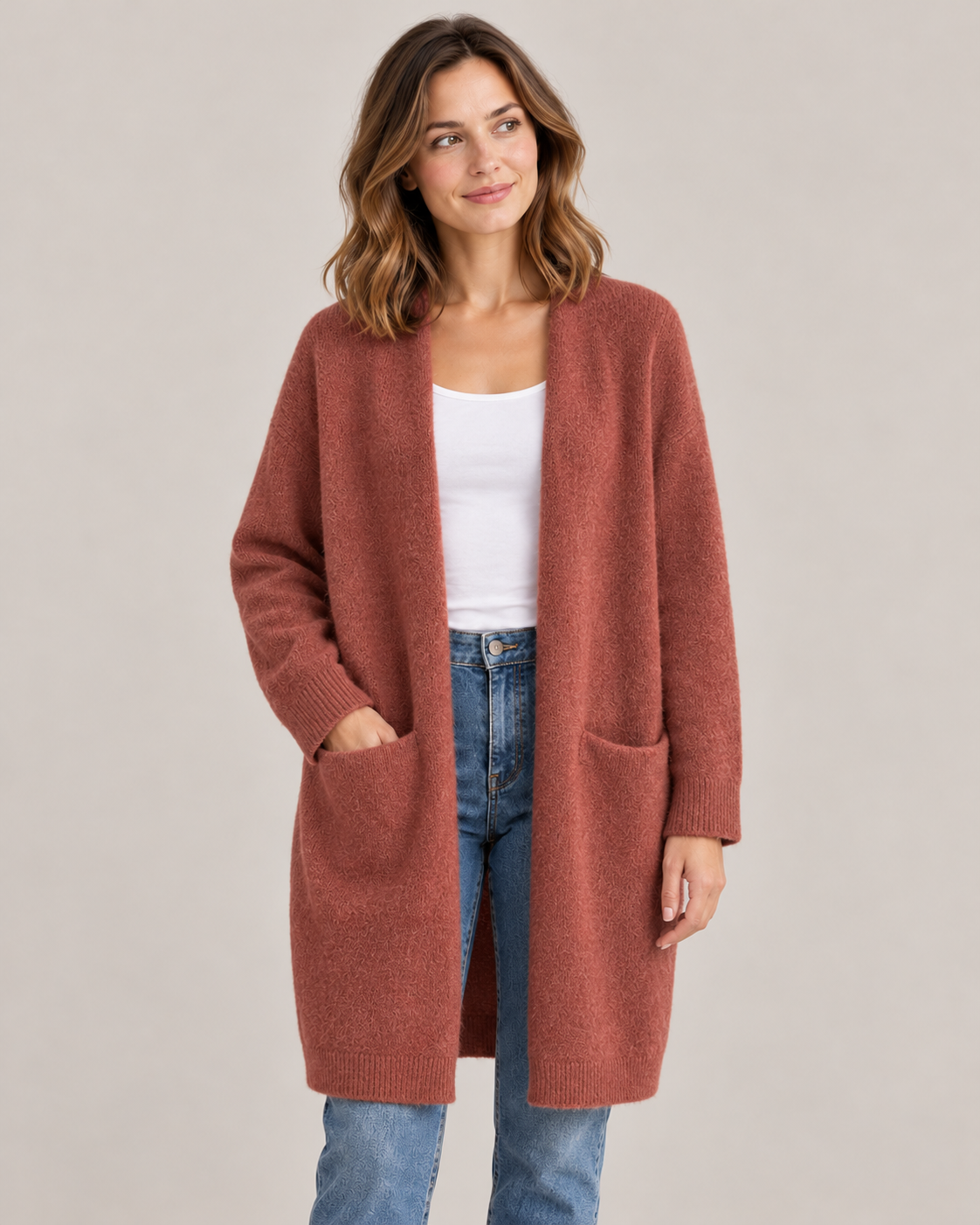 Women's Long Cardigan – Open Front Soft Knit with Pockets