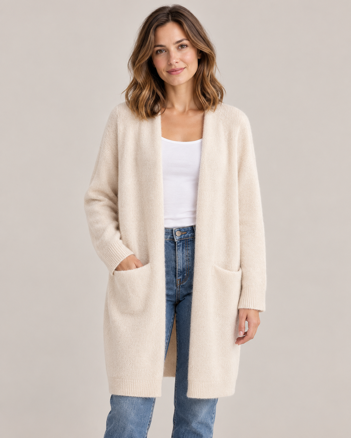 Women's Long Cardigan – Open Front Soft Knit with Pockets